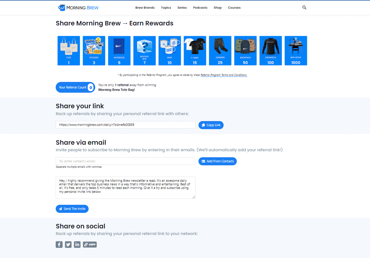 morning brew referral program hub